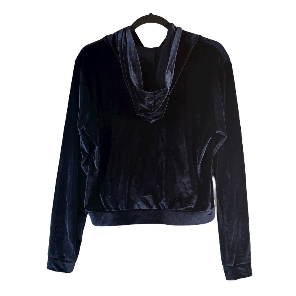 Fabletics Womens Sz M Velvet Velour Hoodie Zip Up Jacket Navy Blue Gold Hardware - Picture 3 of 8